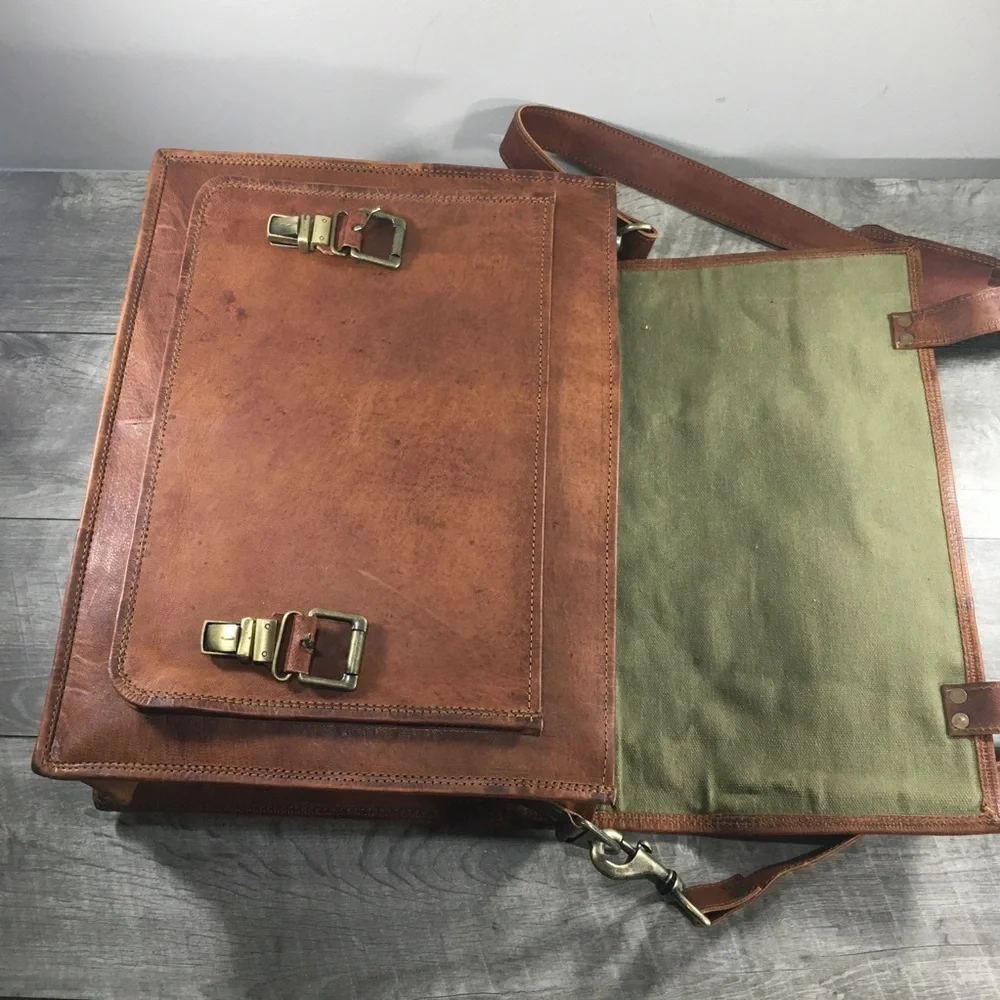 Vtg Waxed Leather Brown School Messenger Briefcase Shoulder Bag Computer Laptop